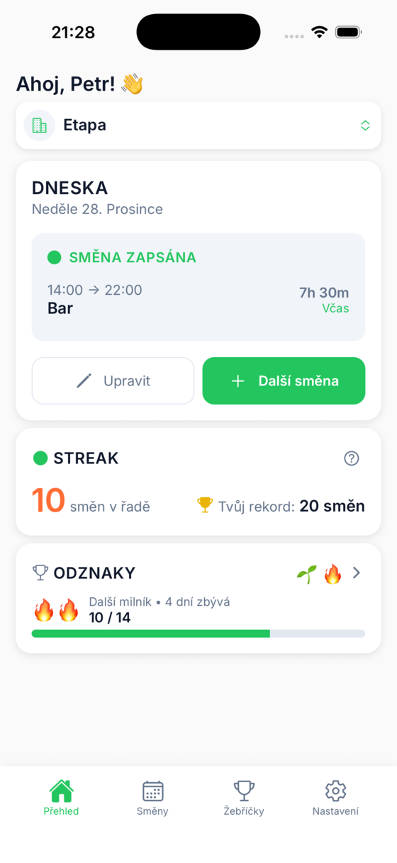 Docházkový systém ShiftStreak – dashboard zaměstnance se streakem