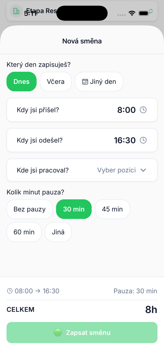 Docházka do mobilu – rychlé zadání směny jedním tapem